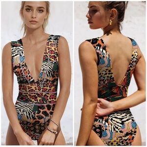 Averie, New Harlow Tropical Animal Print Deep Plunge One Piece Swimsuit SZ XL
